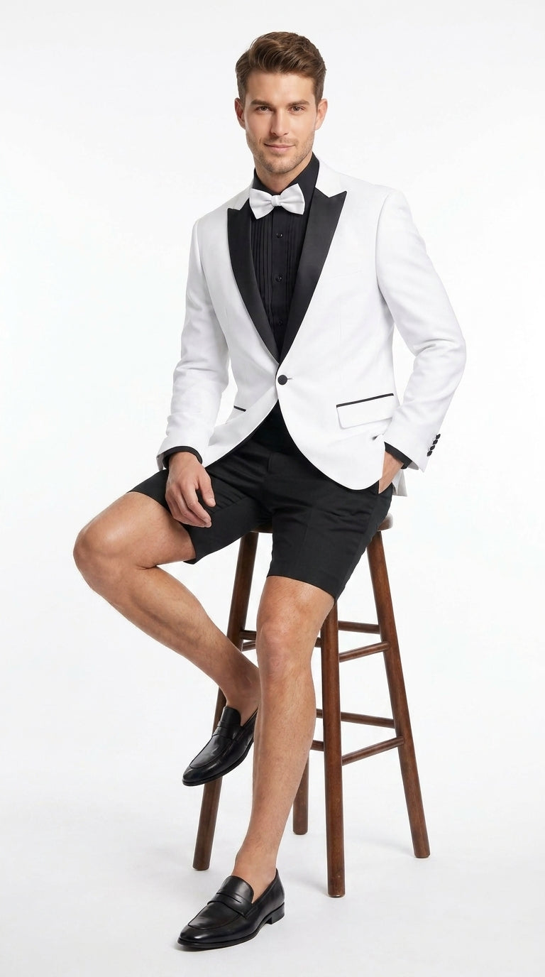 Men’s White and Black Tuxedo Suit with Shorts – Modern Formal Blazer and Short Pants Set for Wedding, Prom Suit - 34 Short or Extra Small