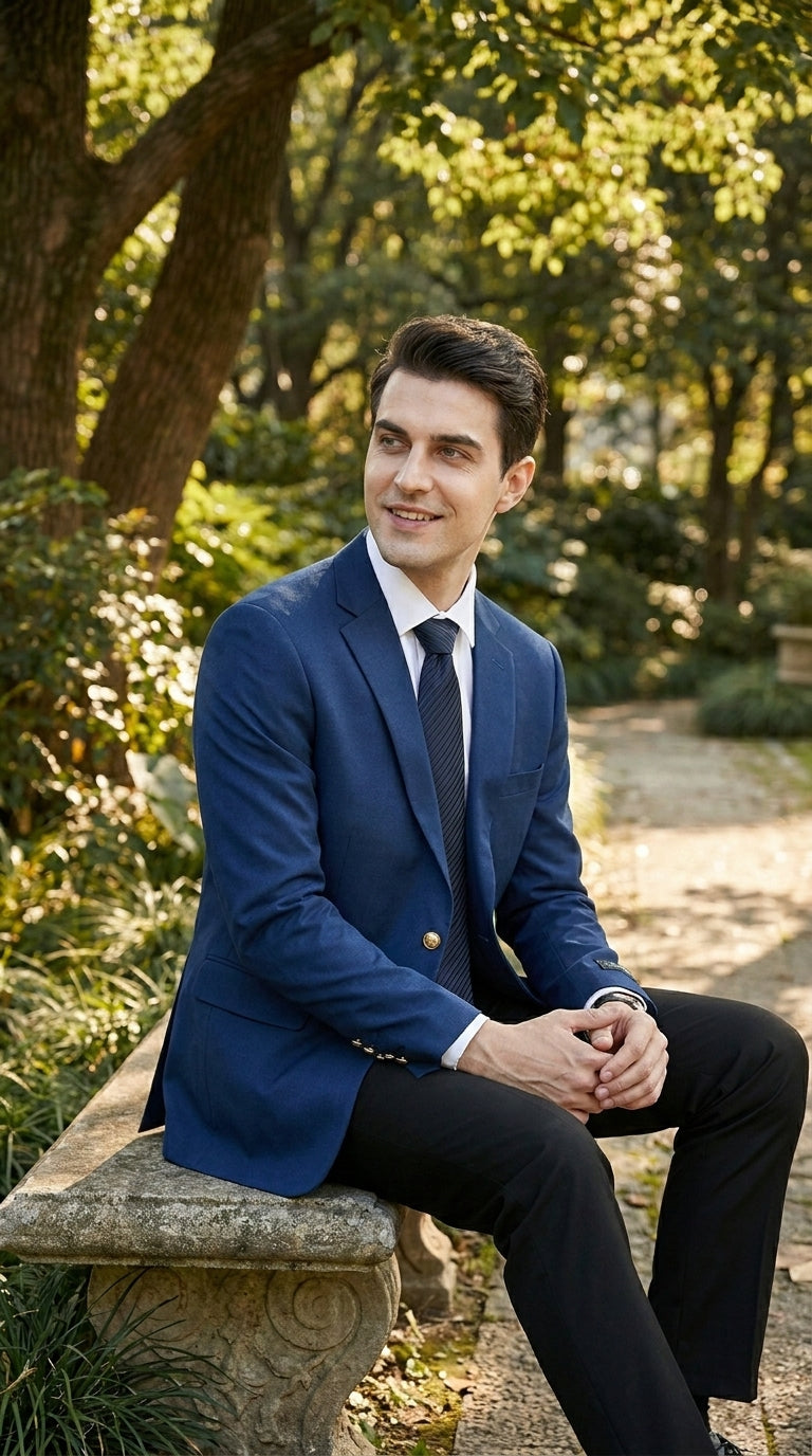 Men’s Sapphire Indigo Cobalt Blue Blazer with Gold Buttons – Classic Single Breasted Formal Business Jacket for Office, Wedding - 36 Short