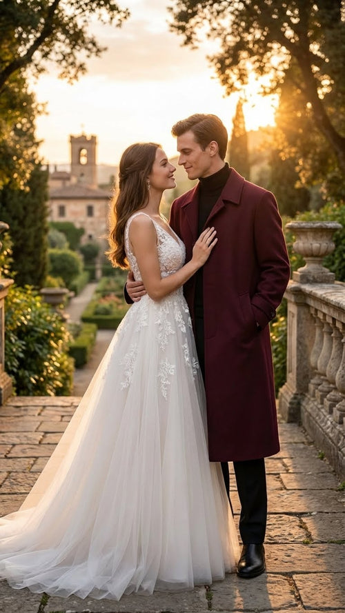 Mens Full-Length Burgundy Overcoat - Microfiber 4 season fabric  Long Formal Coat with Classic Tailored Maxi Duster Coat