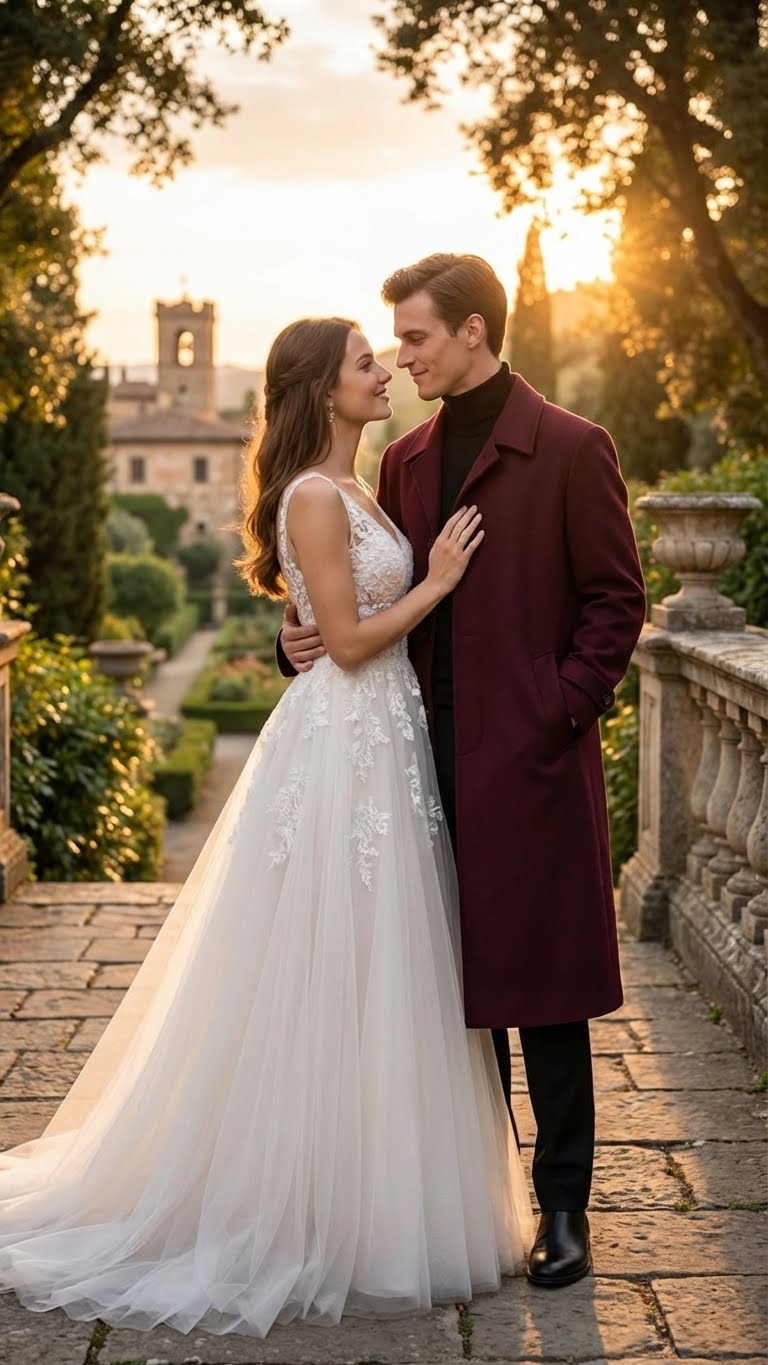 Mens Full-Length Burgundy Overcoat - Microfiber 4 season fabric  Long Formal Coat with Classic Tailored Maxi Duster Coat - Coat Size 38