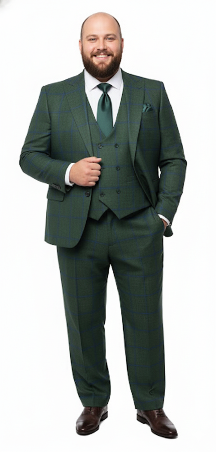 Mens Green Plaid 3-Piece Suit Classic Check Slim Fit Suit for Weddings, Church, and Formal By Rossiman