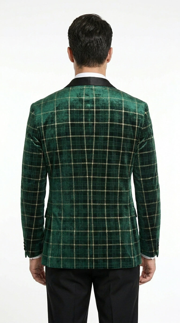 Men’s Green and Gold Plaid Christmas Holiday Blazer – Classic Check Party Jacket for New Year, Wedding and Festive New Year event - 36 Short
