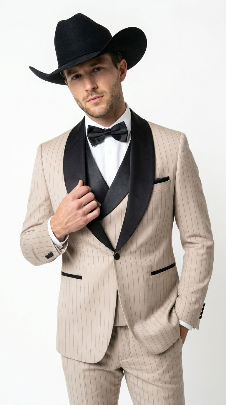 Men’s Beige Pinstripe Western 3 Piece Tuxedo Suit with Black Shawl Lapel, Formal Cowboy Wedding Prom Suit in Tan Khaki Color - 34 Short or Extra Small
