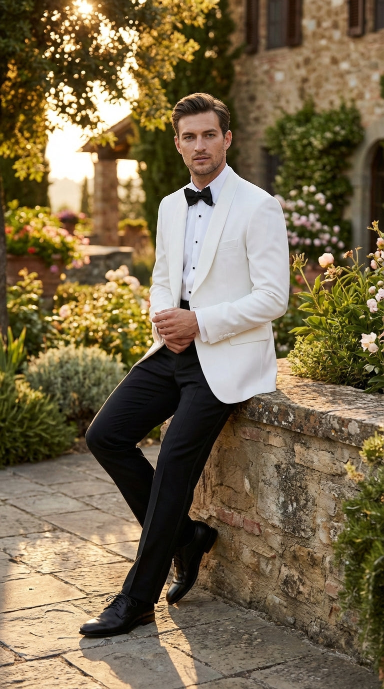 Men's White Dinner Jacket Tuxedo Blazer with Black Satin Shawl Lapel  With Black Tuxedo Pants - 34 Short or Extra Small