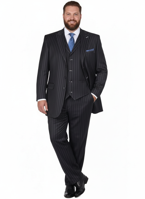 Mens Three Button Suits -  Navy Blue Pinstripe Three-Piece Suit Classic Business and Formal Wear - Zoot Suit