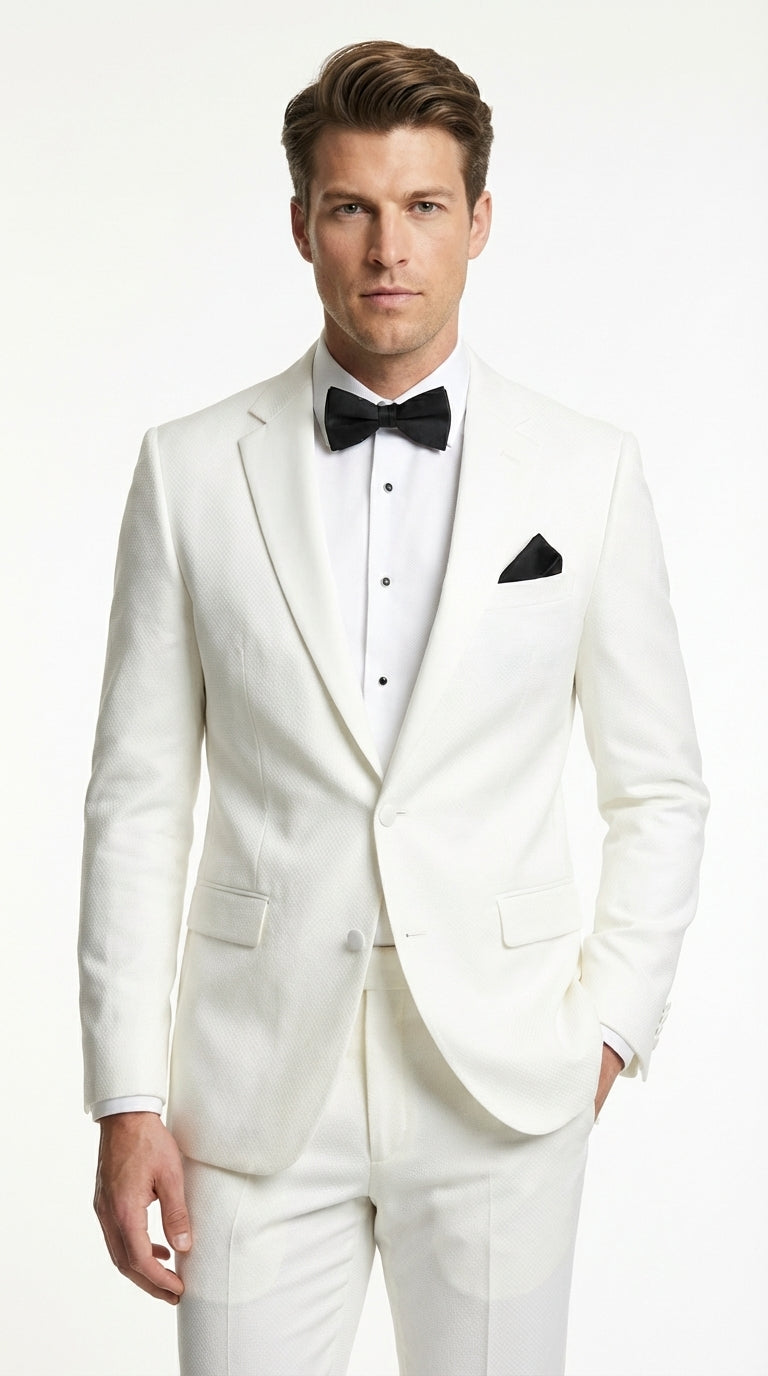 Mens White Wedding Tuxedo Suit – Formal Groom Suit Set Classic Dinner Jacket + White Tuxedo Shirt + Black Bow Tie - 34 Short or Extra Small