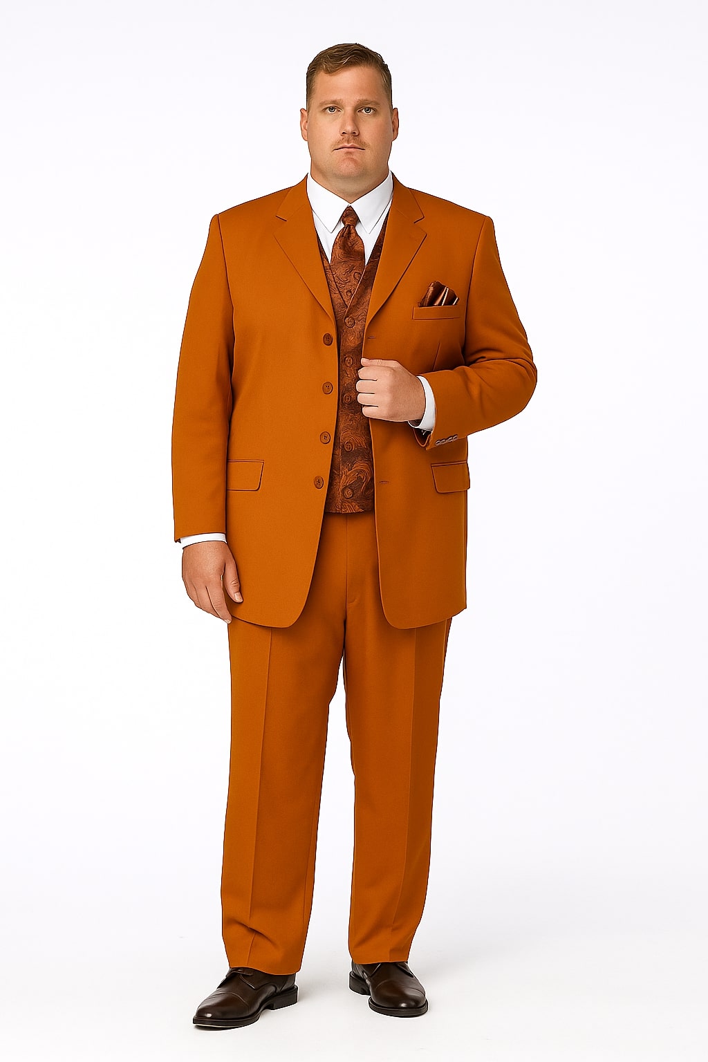 Mens Rust 3-Piece Fashion Suit – Notch Lapel with Paisley Vest, Tie and Pocket Square - Zoot Suit - 40
