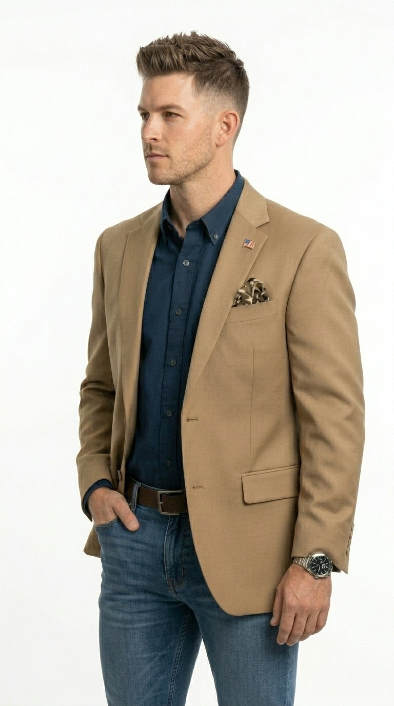 Mens Khaki Camel Bronze Taupe Blazer, Classic Business Casual Wedding Sport Coat Jacket in Tan Color - 36 Short