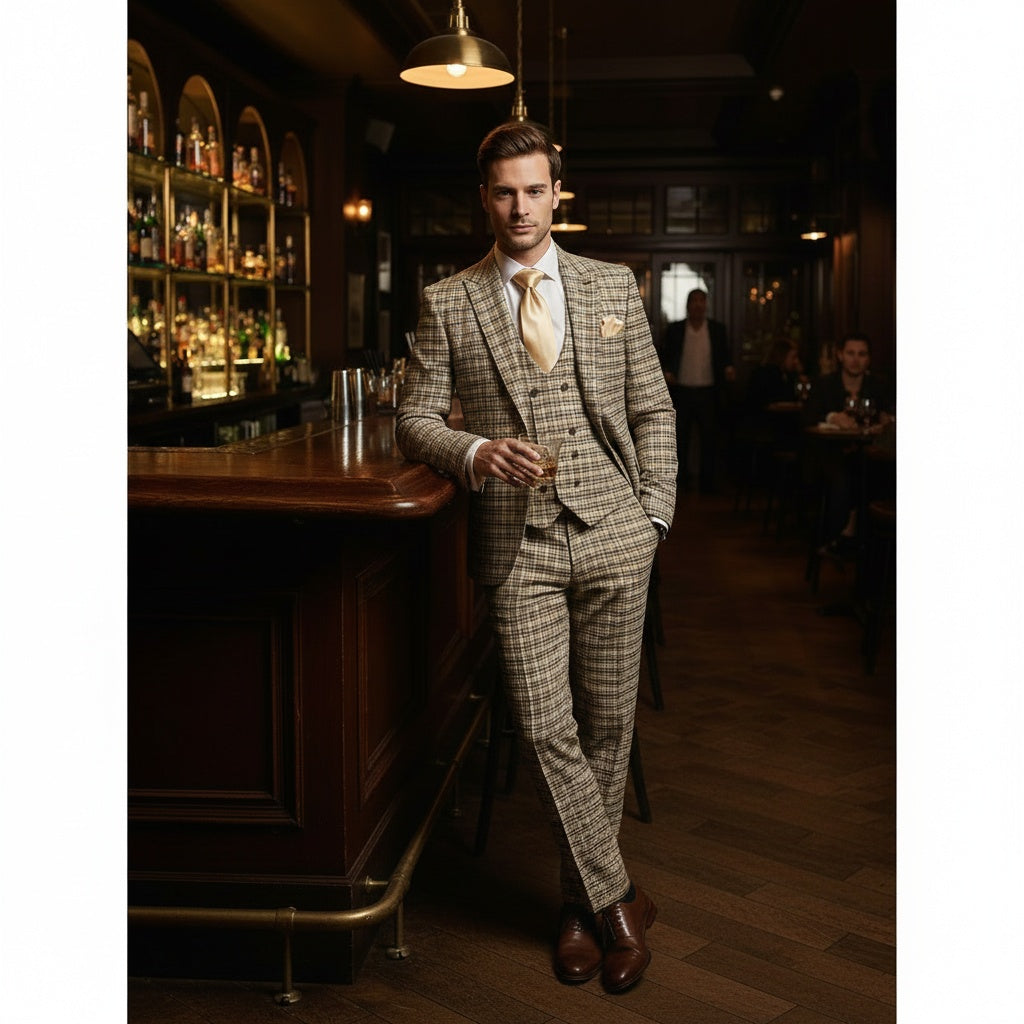 Men’s Beige and Navy Check 3-Piece Suit Set – Premium Tailored Fit Formal Wedding and Business Suit By Rossiman - 34 Short or Extra Small