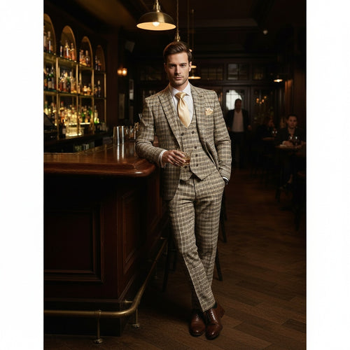 Mens Beige and Navy Check 3-Piece Suit Set Premium Tailored Fit Formal Wedding and Business Suit By Rossiman