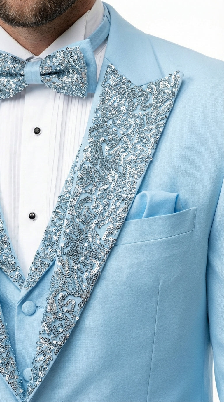 Mens Light Blue 3 Piece Prom Tuxedo – Sky Blue Formal Suit with Sequin Lapel Wedding Party Tuxedo Set in Baby Blue - 34 Short or Extra Small
