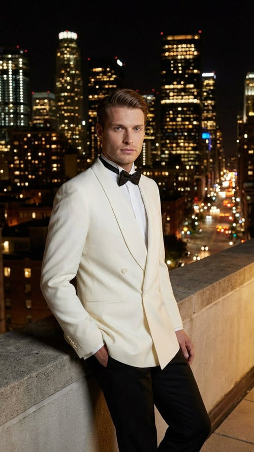 Mens Ivory Double-Breasted Shawl Lapel Tuxedo Jacket | Premium Formal Dinner Jacket for Weddings and Black-Tie Events