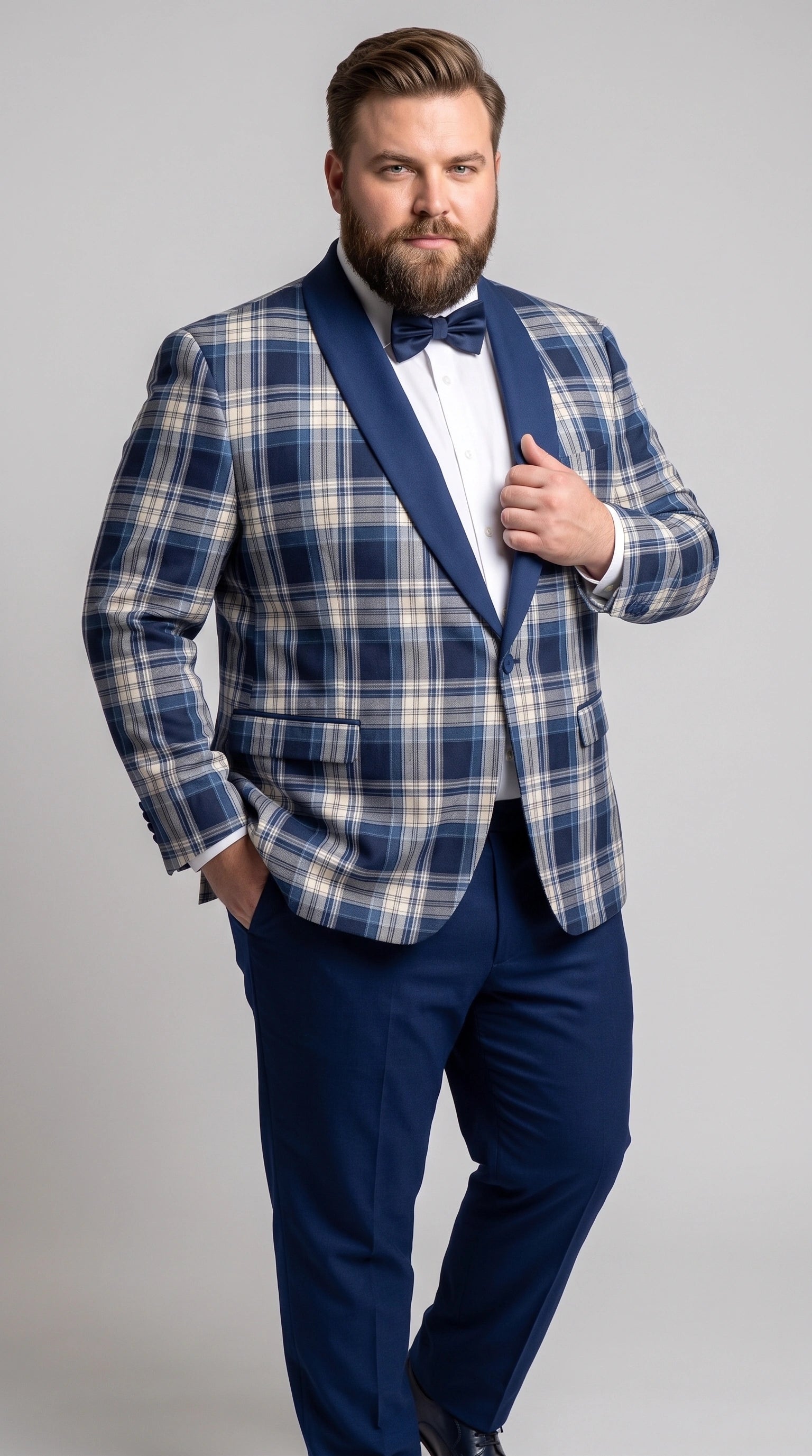 Men’s Tartan Blue Plaid and Solid Blue Tuxedo – Modern Check Pattern Formal Suit for New Year - Christmas - Holiday Jacket with Pants - 34 Short or Extra Small
