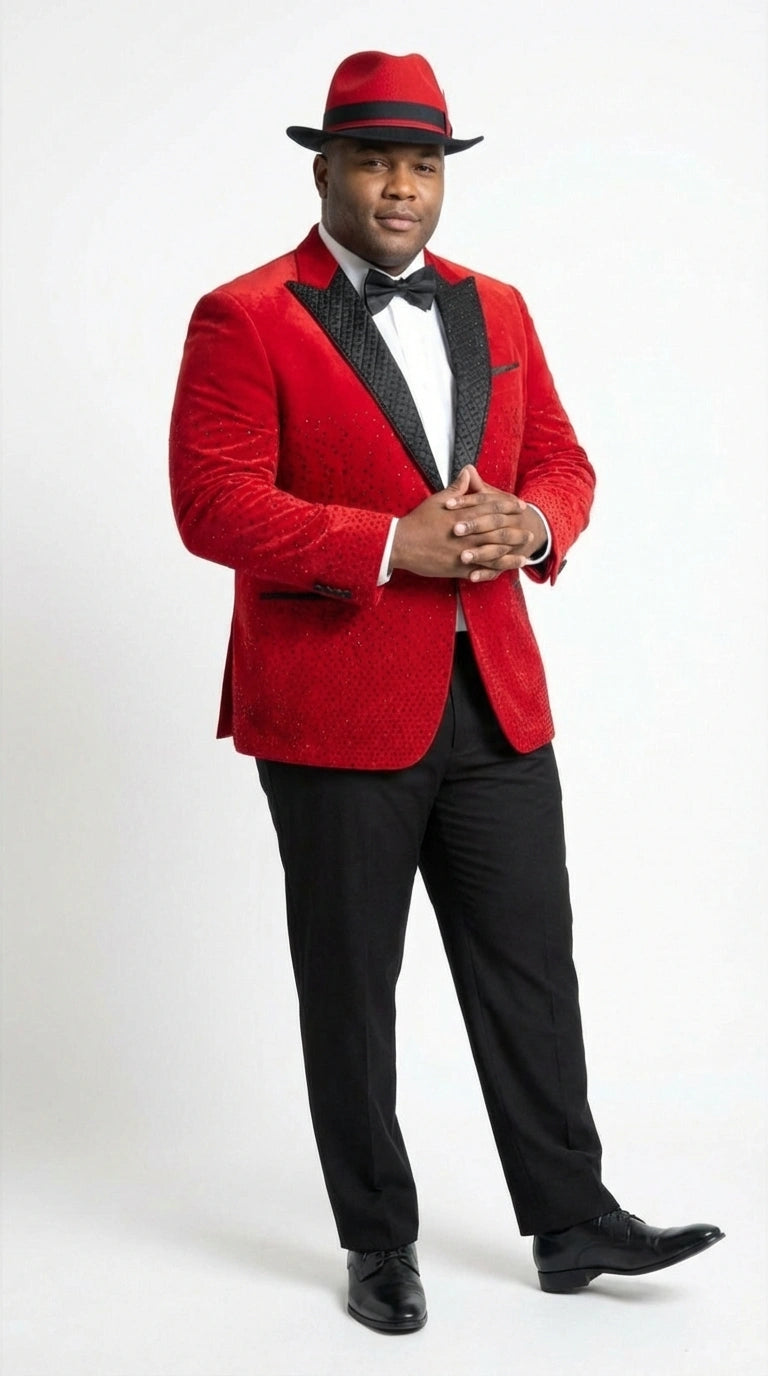 Men’s Red Velvet Fabric Rhinestone  Blazer with Matching Red and Black Hat – Christmas New Year Holiday Party Jacket Set - 36 Short