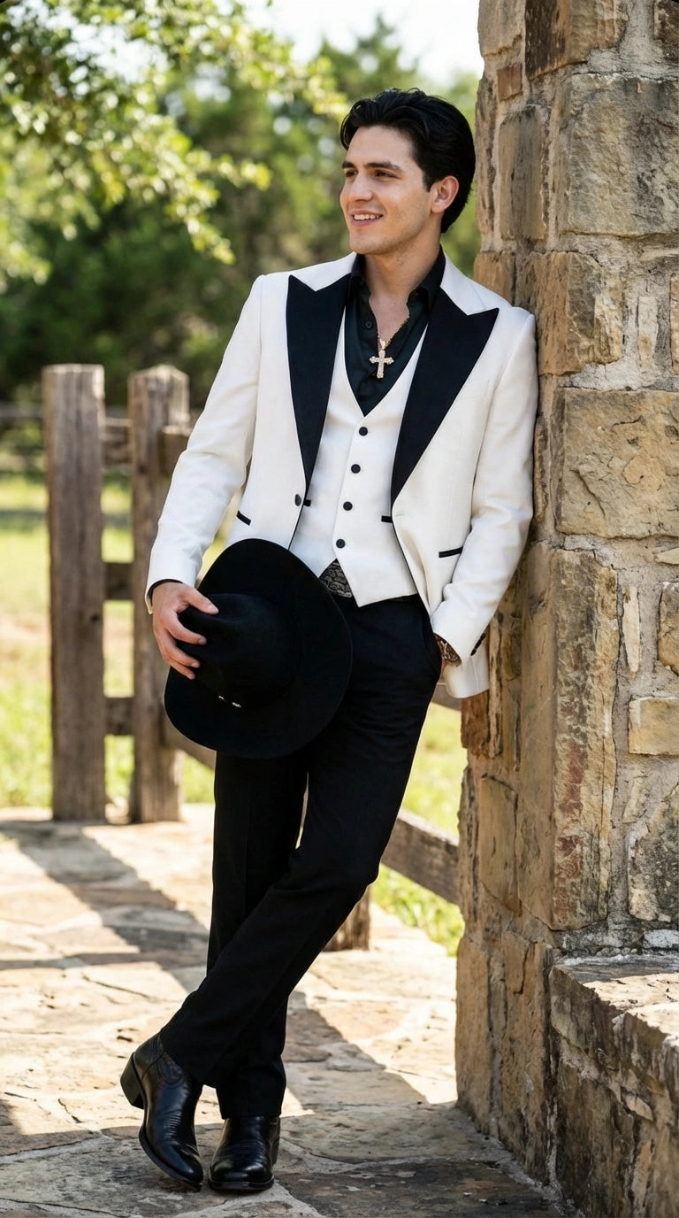 Men's White Cowboy Tuxedo With Black Satin Lapel Western Formal Suit Matching Vest 34 Short or Extra Small Men's White Cowboy Tuxedo With Black Satin Lapel Western Formal Suit Matching Vest 34 Short or Extra Small