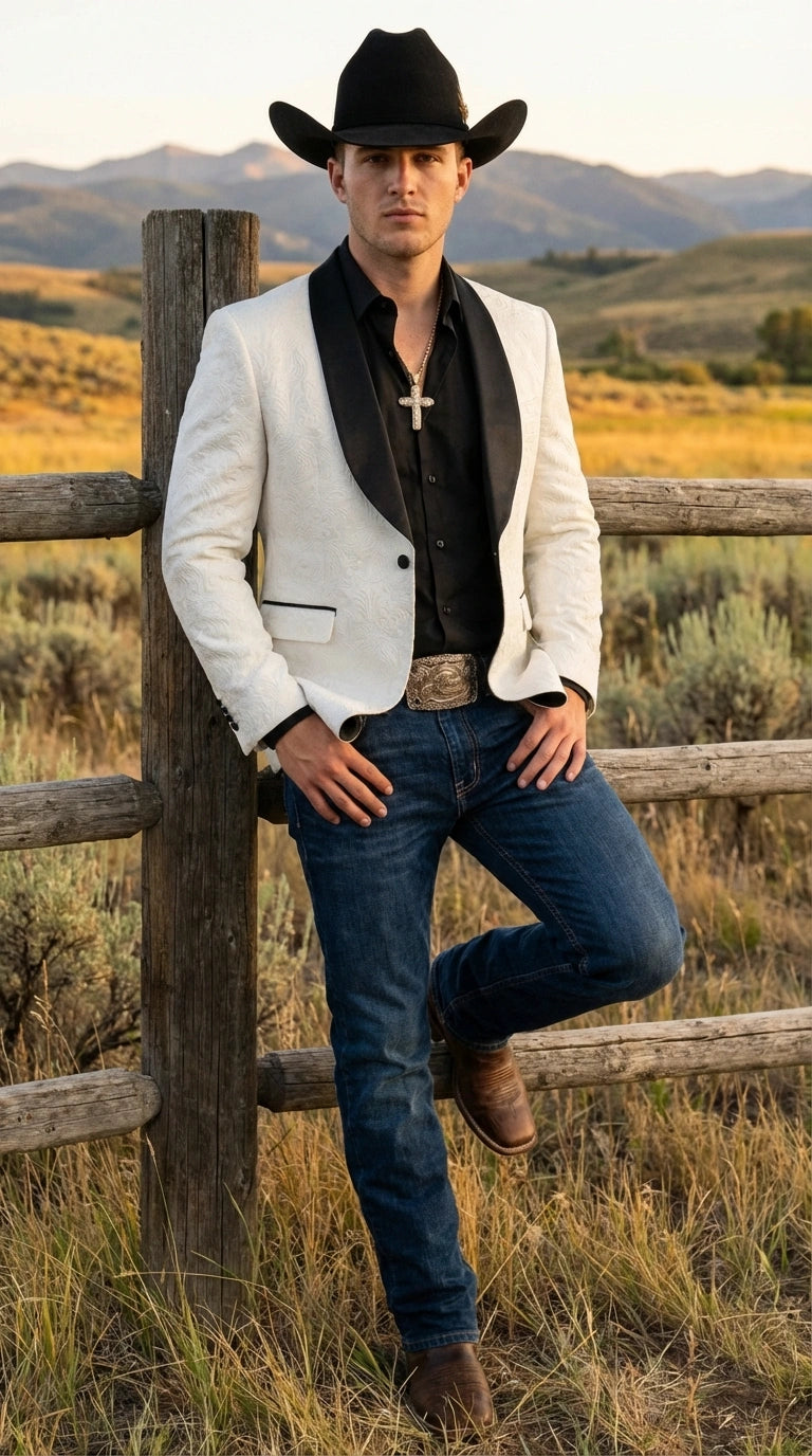 Men’s White Cowboy Blazer with Black Shawl Lapel – Western Formal Jacket for Wedding and Special Events - 36 Short