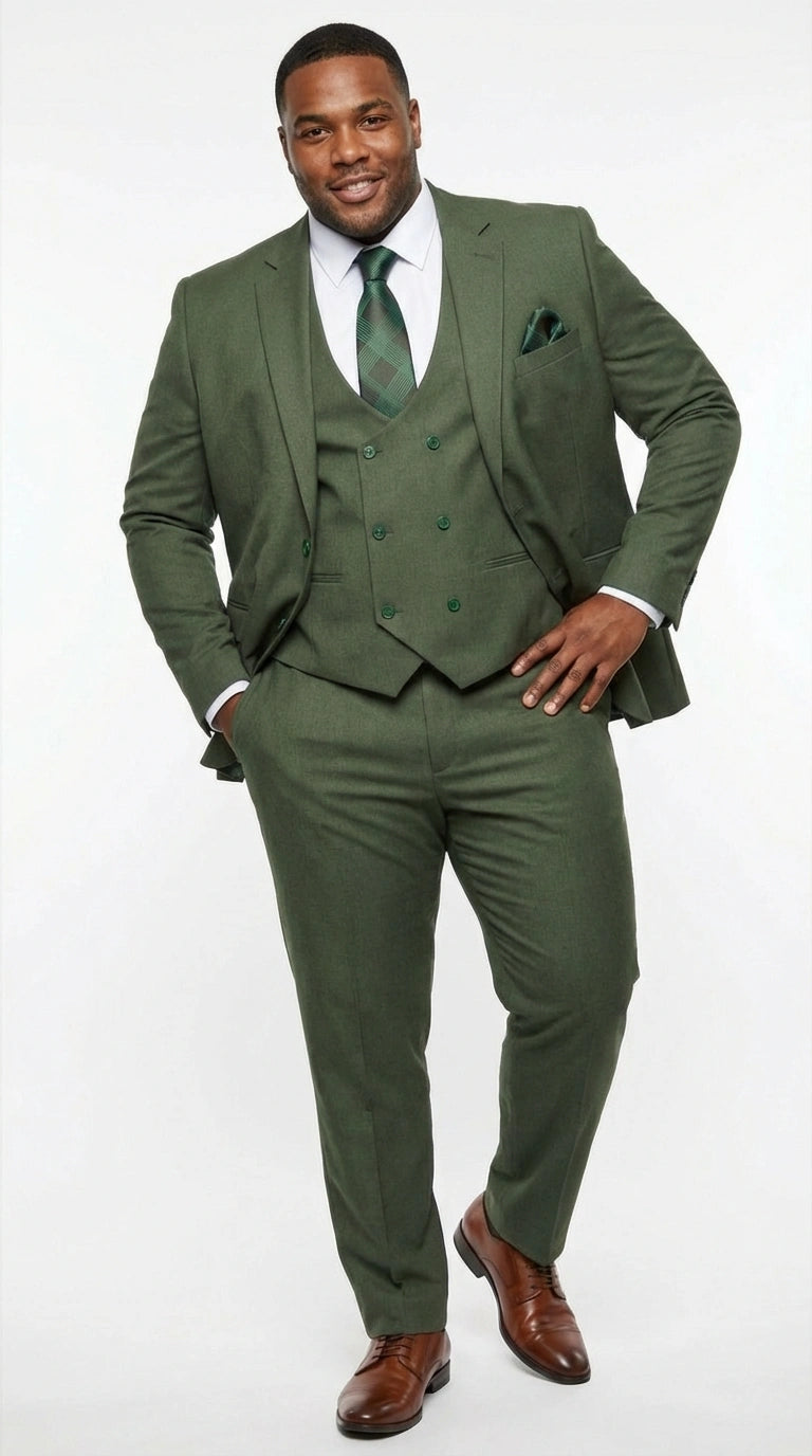 Men’s Forest Green Three Piece Suit – Double Breasted Vest Formal Wedding and Business Suit Set Olive Green Slim Fit - 34 Short or Extra Small