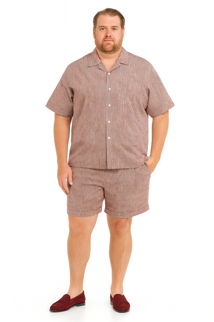 Mens Burgundy Reddish Seersucker Short Set Walking Suit Two-Piece Cuffed Shorts with Expandable Waist