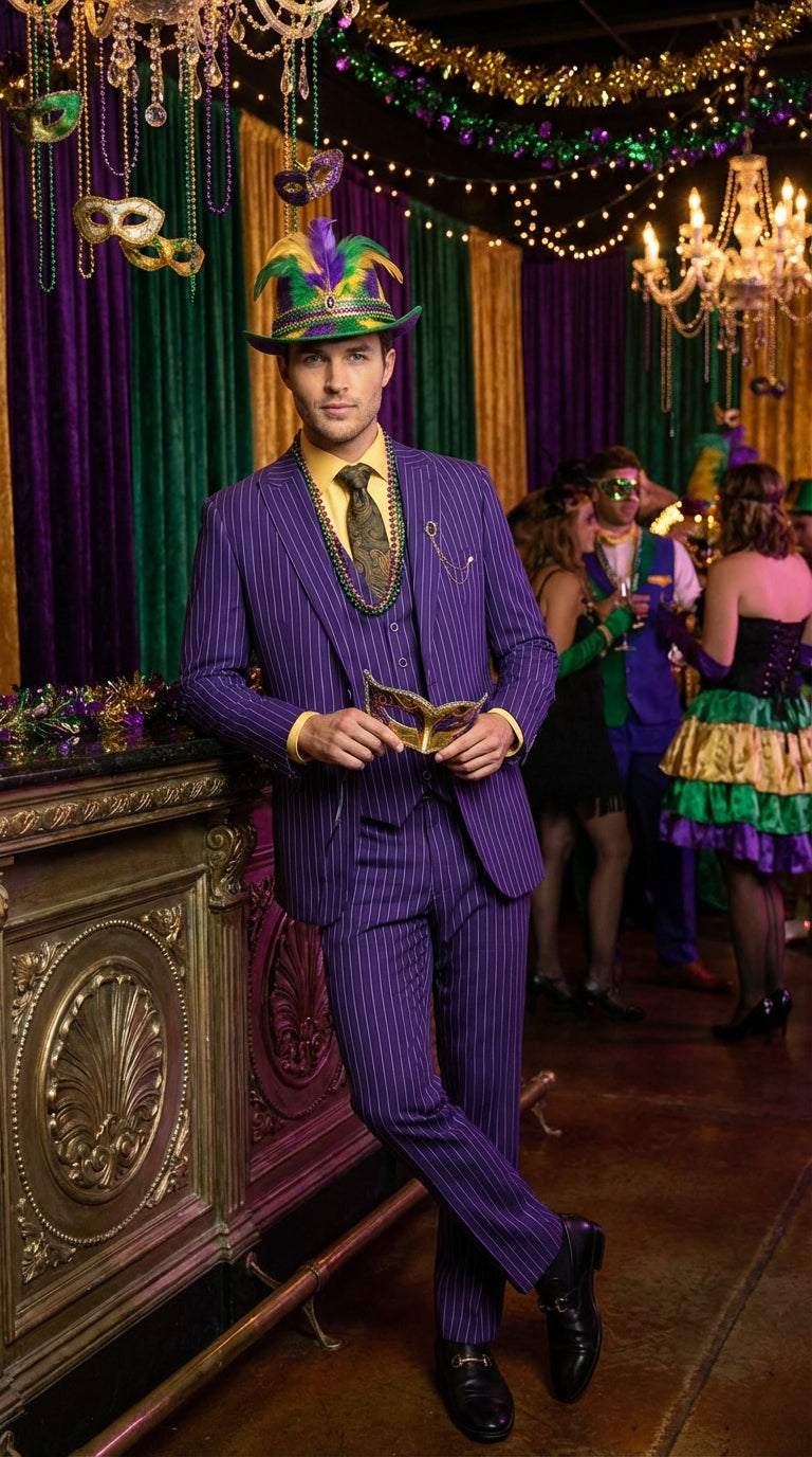 Mens Purple Pinstripe Mardi Gras Suit | Three Piece Carnival Formal Suit with Vest - 34 Short or Extra Small