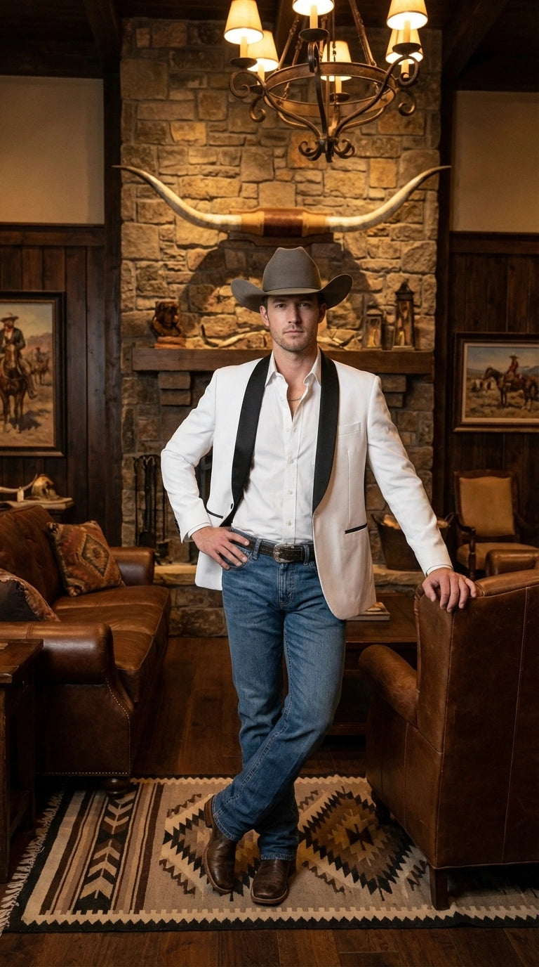 Men’s White Cowboy Blazer with Black Satin Lapel – Western Formal Tuxedo Style Jacket - 36 Short