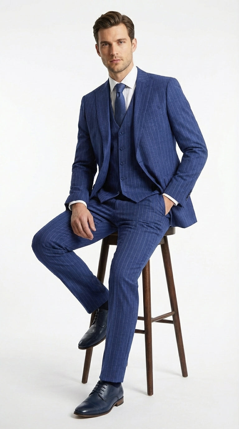 Men’s Cobalt Blue 3 Piece Suit – Indigo Light Blue Pinstripe Formal Suit with Vest for Wedding, Business Modern Fit Two buttons - 34 Short or Extra Small