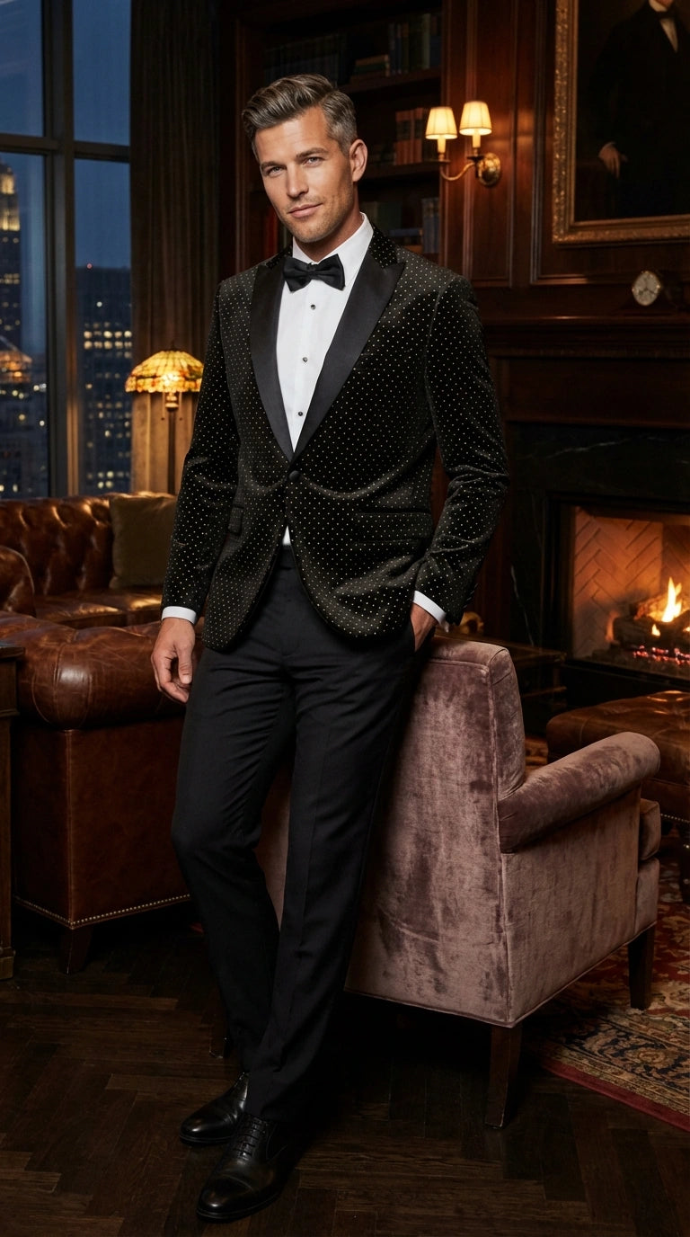Men’s Black Velvet Dinner Jacket Blazer with Satin Lapel – Formal Evening Tuxedo Style Jacket Polk Dots Pattern + Free bowtie - 36 Short