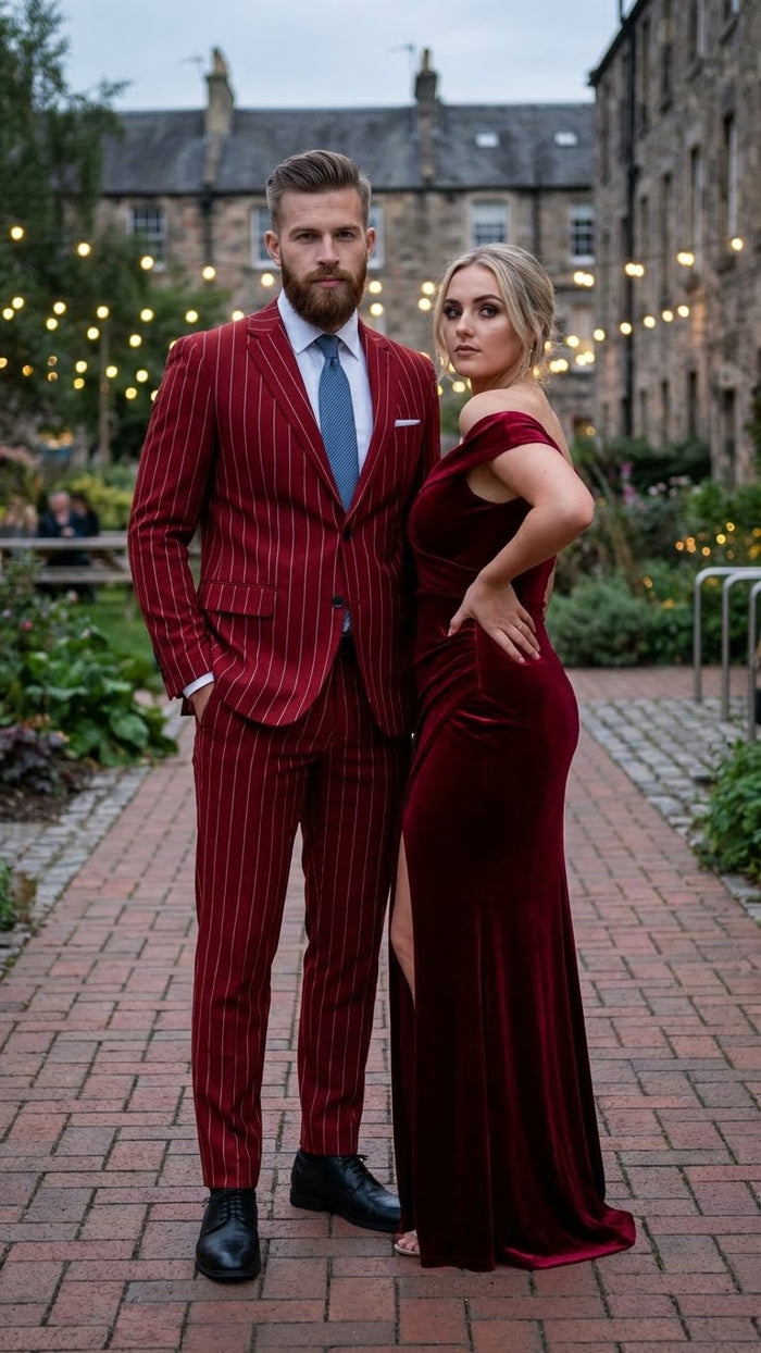 Mens Red Pinstripe Suit Stripe Two-Button Vested Suit 2 Buttons