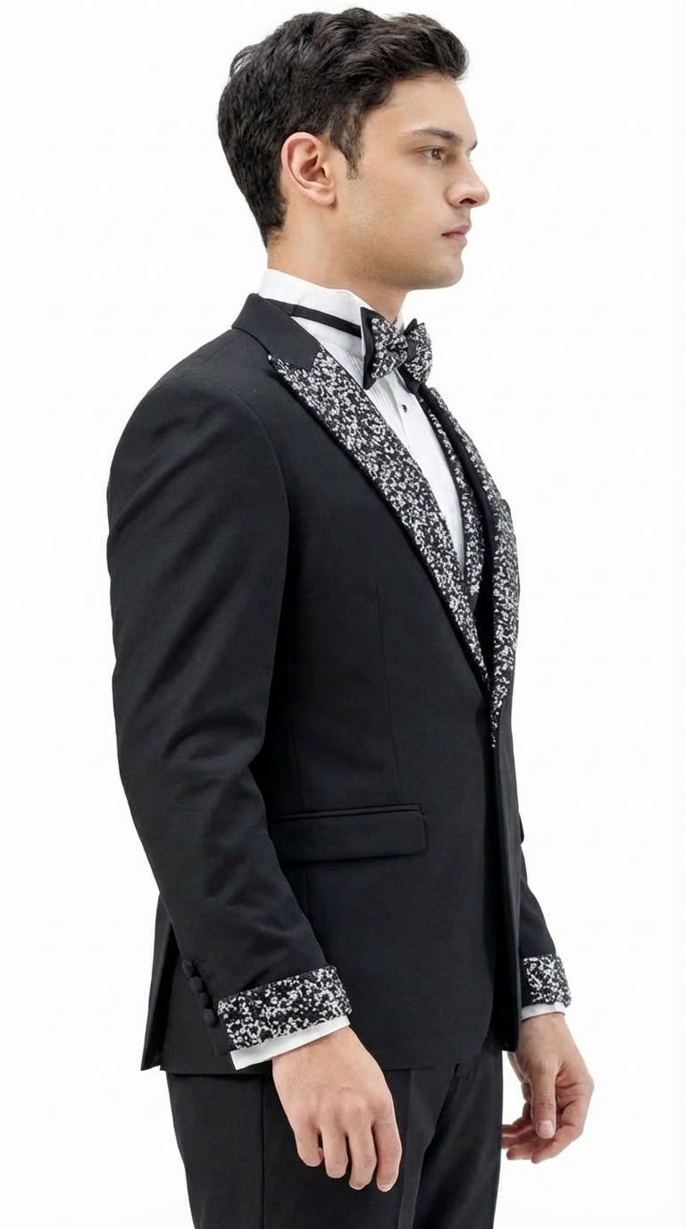 Mens Black and White Lapel Tuxedo Suit – Black Formal Tuxedo with White Pattern Lapel for Wedding, Prom and Evening Events - 34 Short or Extra Small