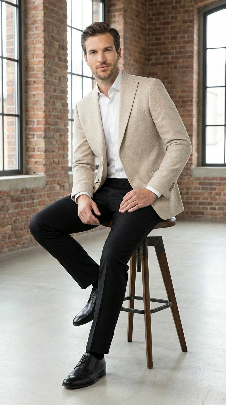 Zacchi Men’s Beige Hopsack Blazer – Classic Two Button Sport Coat with Peak Lapel Formal Jacket - 36 Short