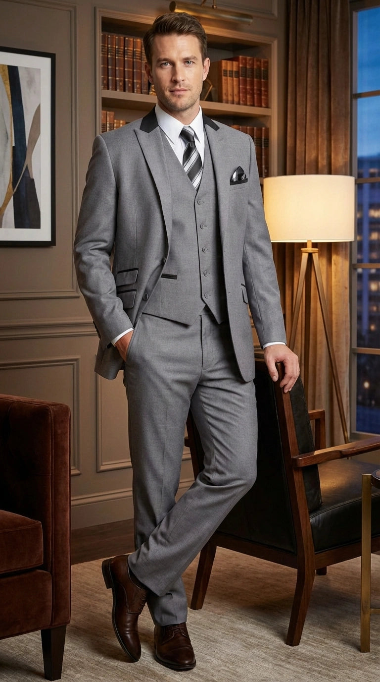 Men’s Light Gray Three Piece Suit with Black Chesterfield Collar  – Classic Formal Wedding and Business Suit Set 1920s Vintage - 34 Short or Extra Small