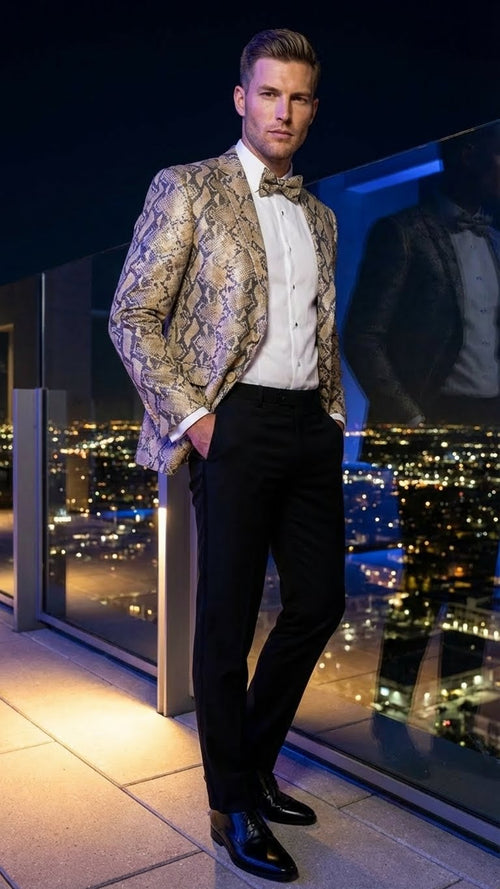 Mens Beige and Black Snakeskin Print Blazer Alligator Crocodile Exotic Sking Sport Coat Jacket in Tan Camel Color