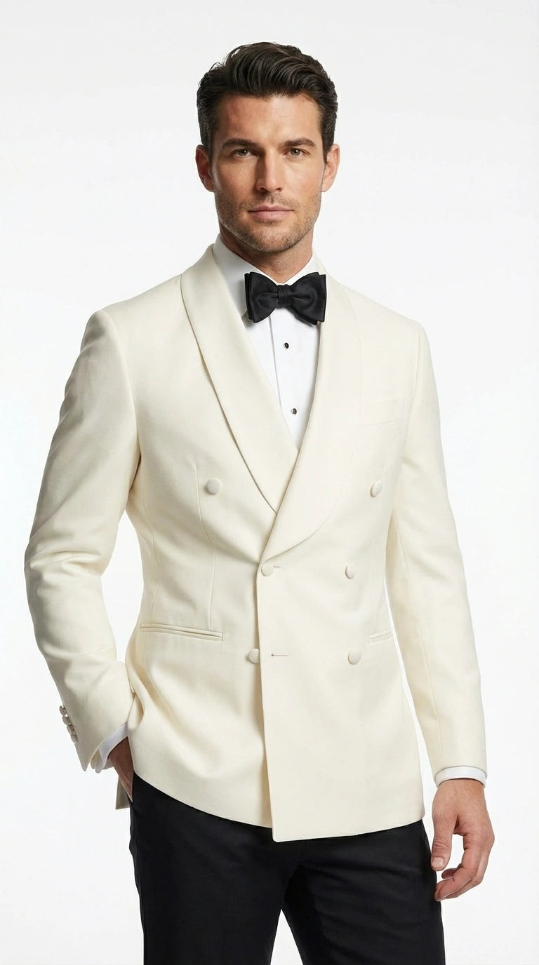 Men’s Ivory Wool Dinner Jacket – Classic Double Breasted Formal Tuxedo Jacket for Wedding and Black Tie Events - 36 Short