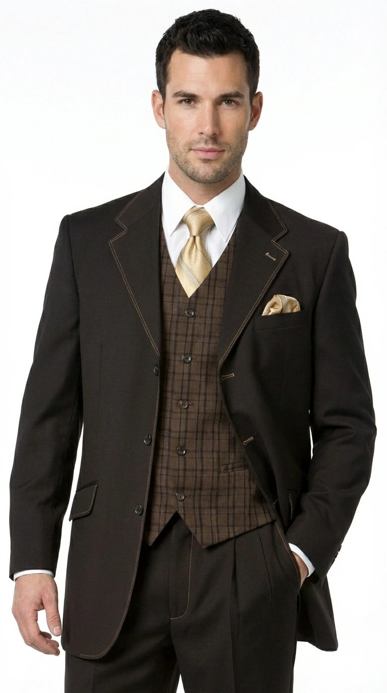 Men’s Dark choclate Brown Three Buttons 3 Piece Suit – Classic Brown 3PC Wedding, Church and Business Formal Suit for Men - 34 Short or Extra Small