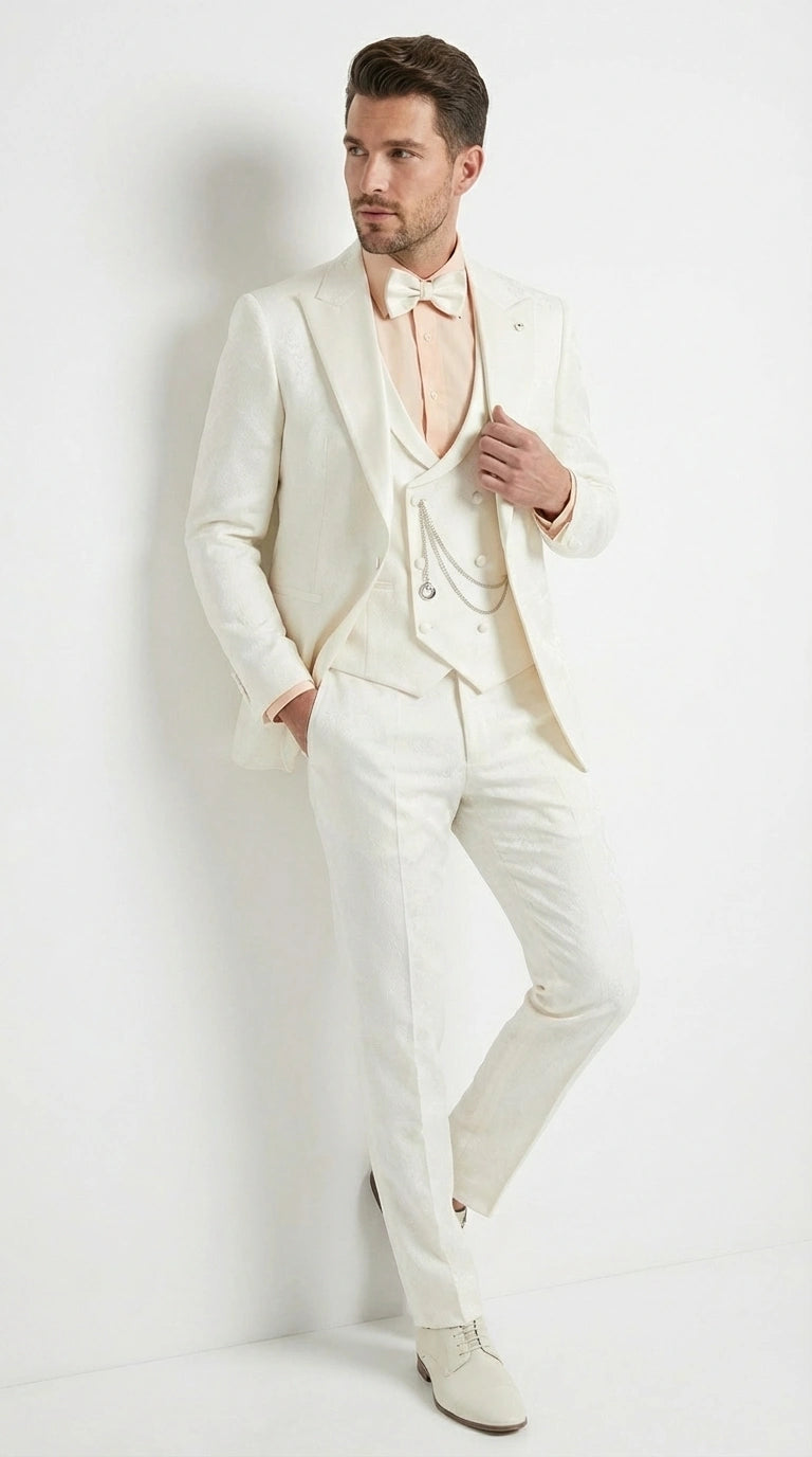 Vinci Men’s Ivory Three Piece Suit – Ivory 3PC Formal Wedding Suit for Groom, Prom and Black Tie Events - 34 Short or Extra Small