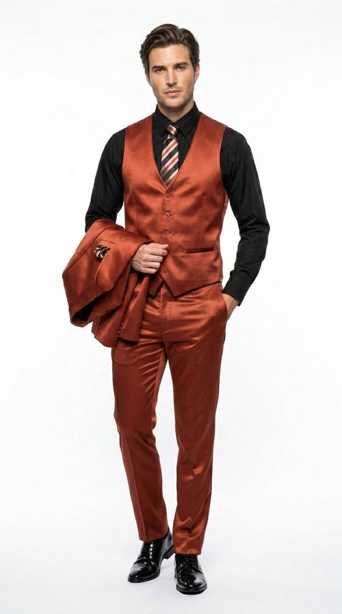 Men’s Rust Copper Coganc Shiny Sateen 3 Piece Suit, Vested Formal Wedding Prom Suit Set Ultra Slim Fit