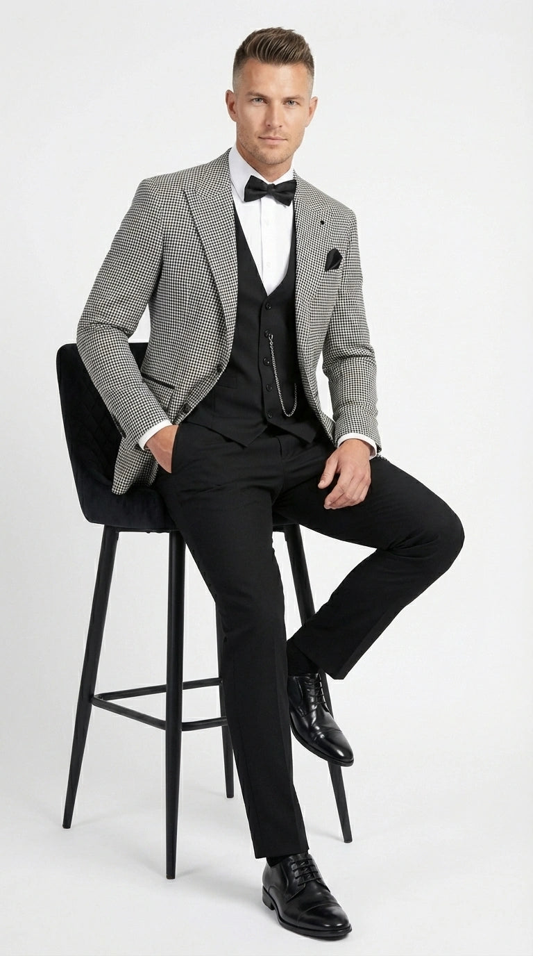Men’s Black and White Houndstooth Gatsby Inspired Suit – Vintage Style Formal Suit for Wedding, Prom and Classic Events Blazer + Black vest + Black Pants - 34 Short or Extra Small