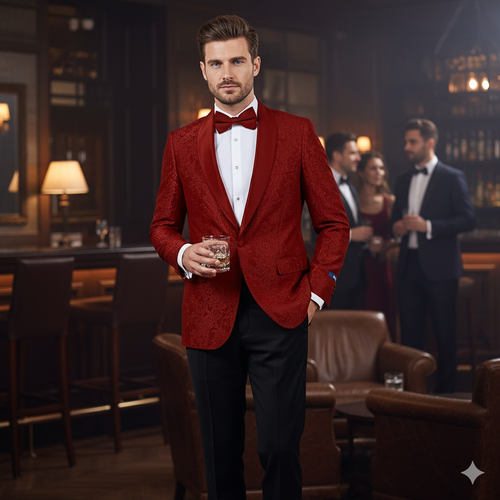 Big and Tall Mens Burgundy Paisley Tuxedo Jacket Satin Shawl Lapel Blazer with Bow Tie for Weddings, Proms, and Special Events