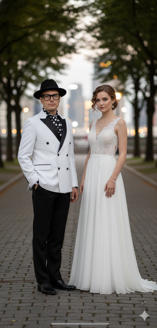 Mens White and Black Double-Breasted Tuxedo Modern Slim Fit Formal Suit for Weddings, Parties, and Special Occasions