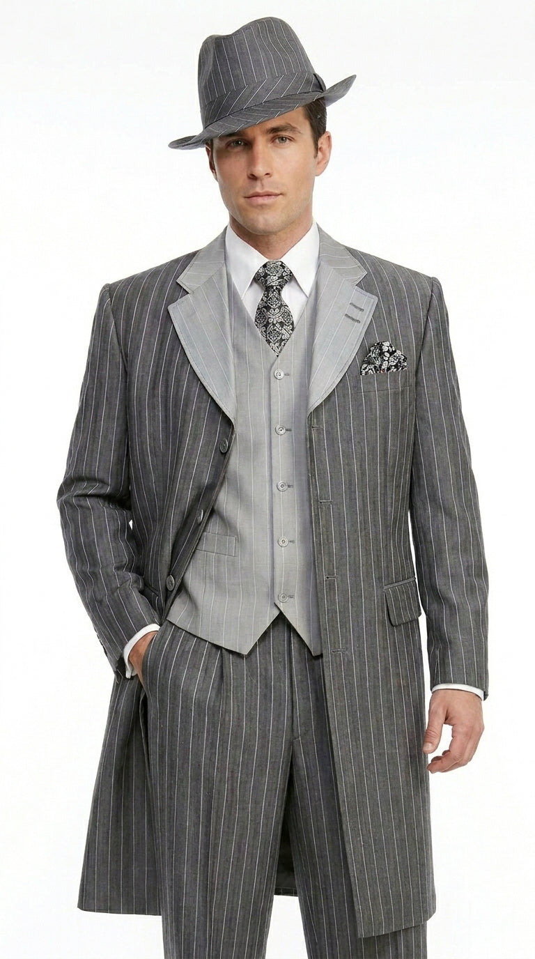 Men’s Grey Pinstripe Zoot Suit 3 Piece – 1920s Gangster Vintage Wide Lapel Suit with Vest for Wedding, Party - 34 Short or Extra Small