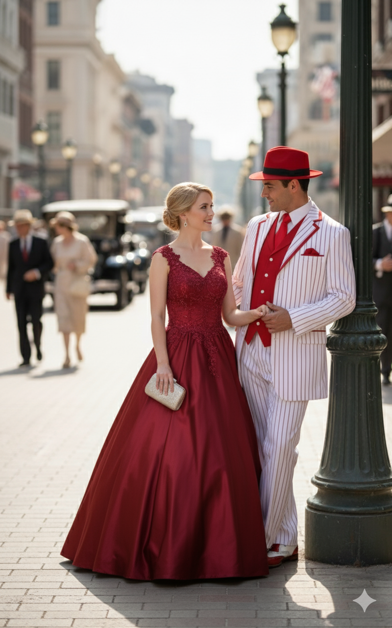 Mens 1920s White and Red Pinstripe Zoot Suit with Fedora Hat and Wingtip Shoes â€“ Vintage Gangster 3-Piece New Year Holiday Christmas Suit - 34 Short or Extra Small