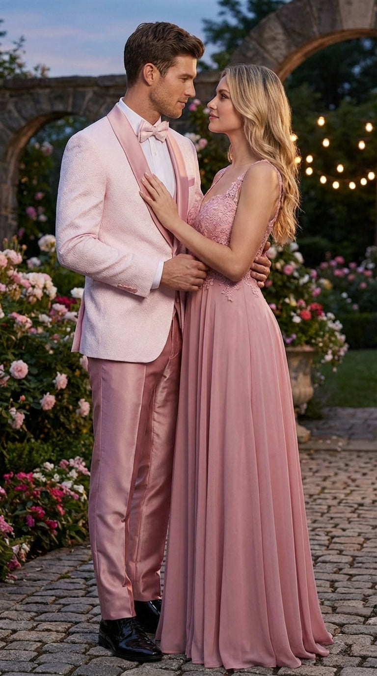 Men's Light Pink 3 Piece Tuxedo Suit Set | Shawl Lapel Formal Wedding Prom Dinner Suit in Rose Gold Color - 34 Short or Extra Small