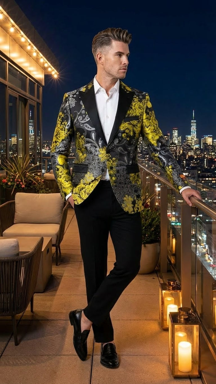 Mens Yellow Tuxedo Black and Gold Floral Pattern Blazer | Formal Jacket - Prom Dinner Jacket + Black Pants + Bowtie