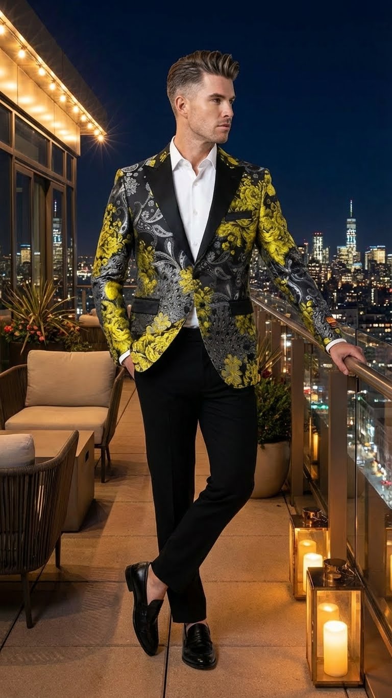 Men’s Yellow Tuxedo Black and Gold Floral Pattern Blazer | Formal Jacket - Prom Dinner Jacket + Black Pants + Bowtie - 36 Short