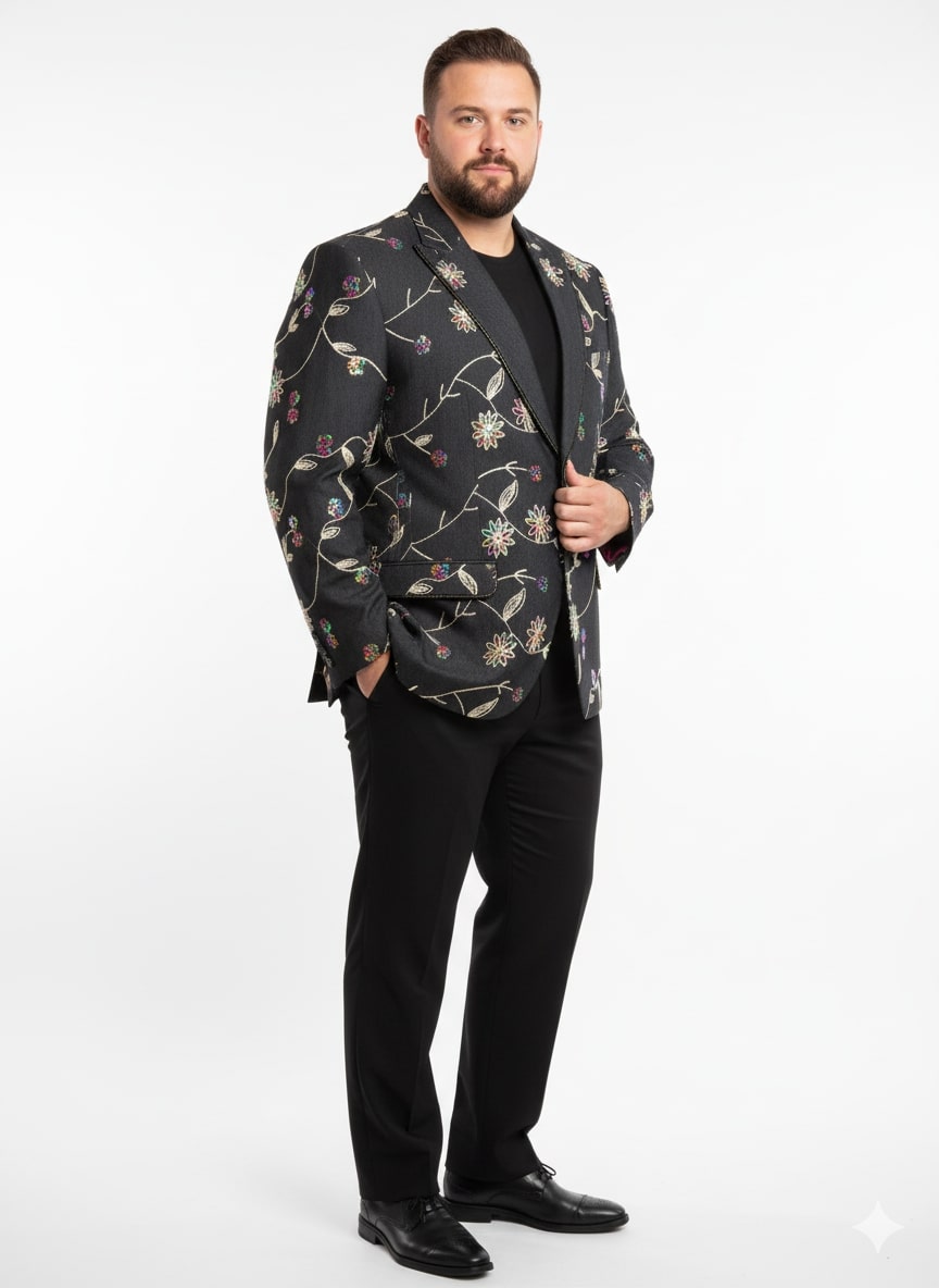 Luxury Black Floral Embroidered Blazer for Men – Designer Party and Wedding Wear Jacket - 36 Short