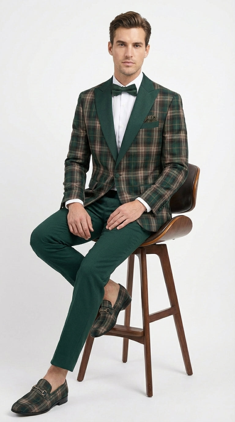 Mens Tartan Green and Brown Blue Plaid Tuxedo Dinner Jacket Set – Checkered Prom Blazer with Dark Green Pants Formal Wedding Party Wear - 36 Short