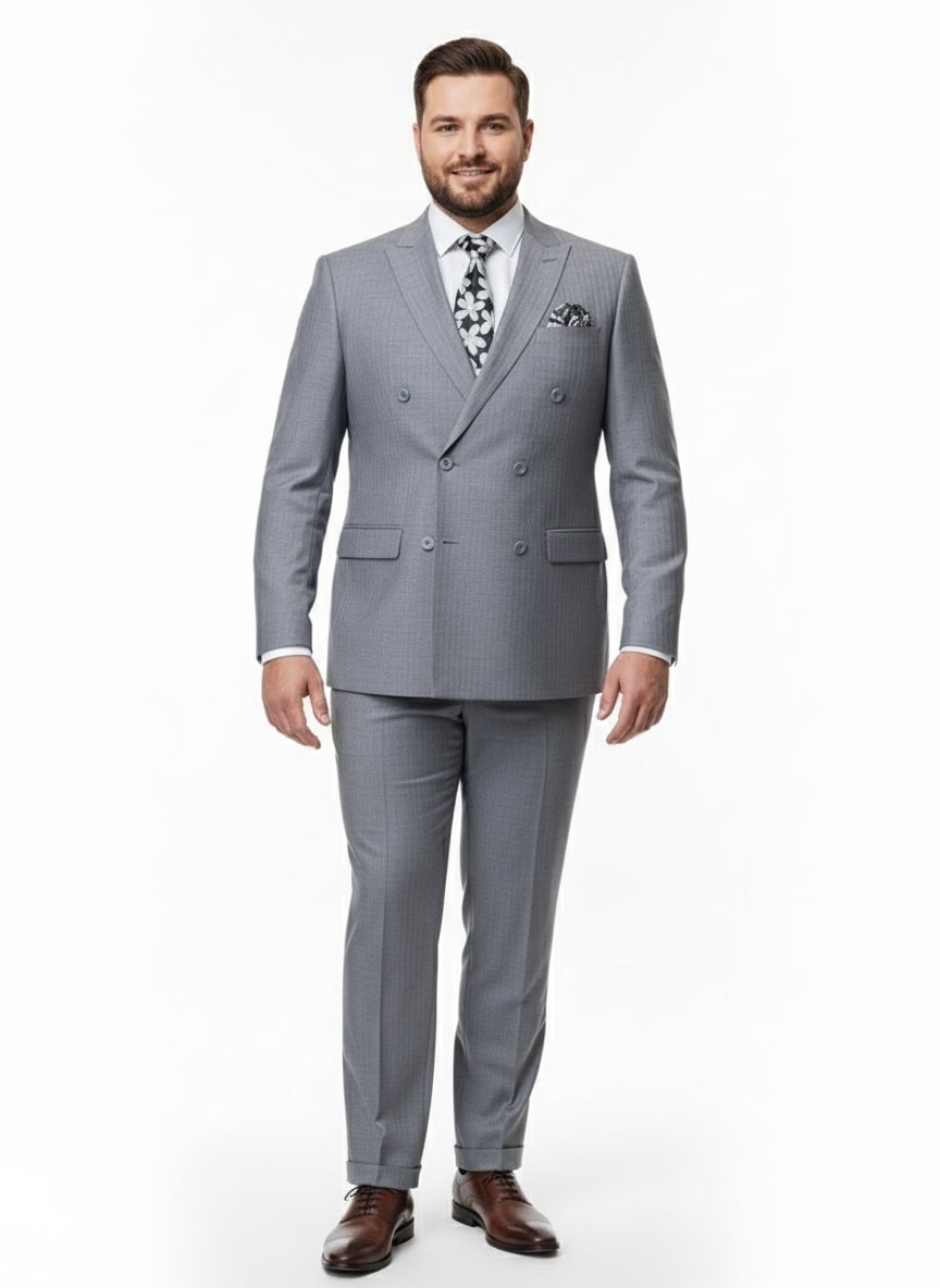 Mens Grey Tone on Tone Double-Breasted Suit – Classic Slim Fit 2 Piece Formal Business Gray Shadow Stripe - 34 Short or Extra Small