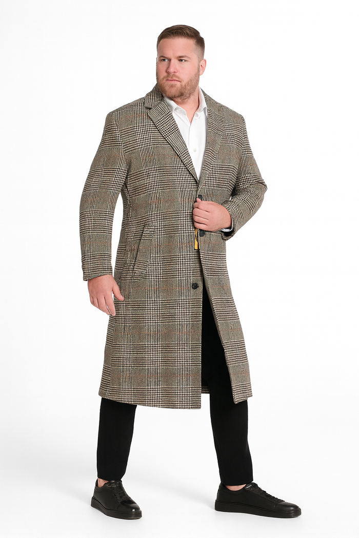 Mens Full length  Long Plaid Overcoat â€“ Classic Checkered Wool Blend Winter Coat in Gray Color Checkered