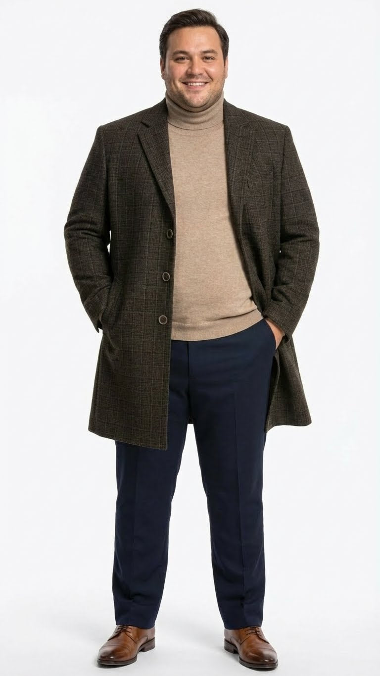 Men’s Brown Checkered Wool Overcoat – Long Winter Coat with Classic Plaid Pattern By Statement - Coat Size 38