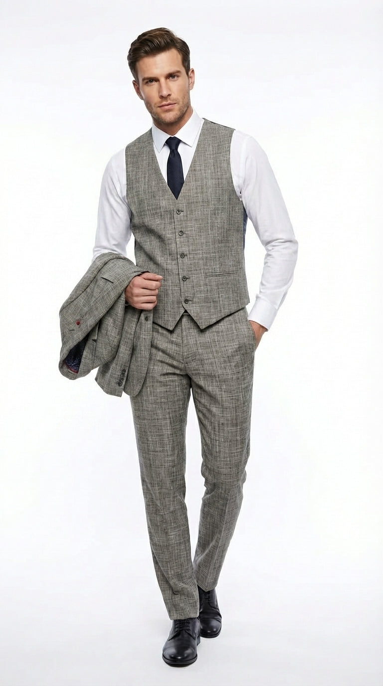 Vitali Brand Men’s Grey Textured Patterned 3 Piece Suit – Modern Fit Checkered Sharkskin with Blazer, Vest & Trousers, Business Wedding - 34 Short or Extra Small