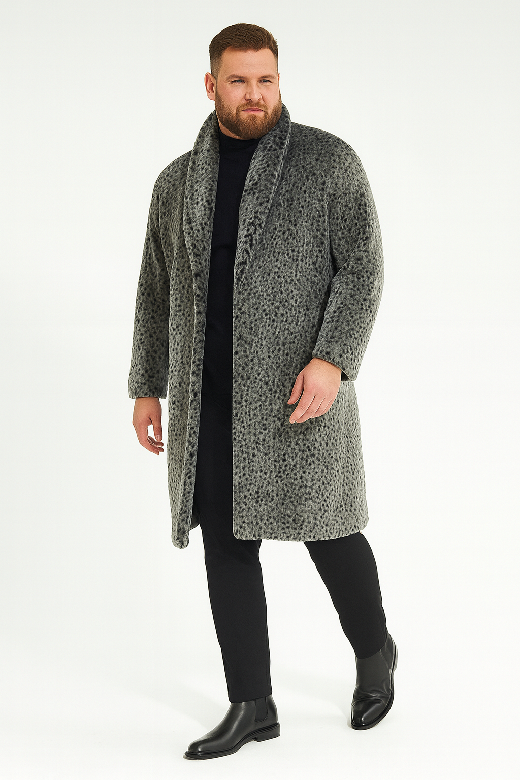 Mens Luxury Long Grey Faux Fur Coat -Winter Overcoat with Animal Print Design